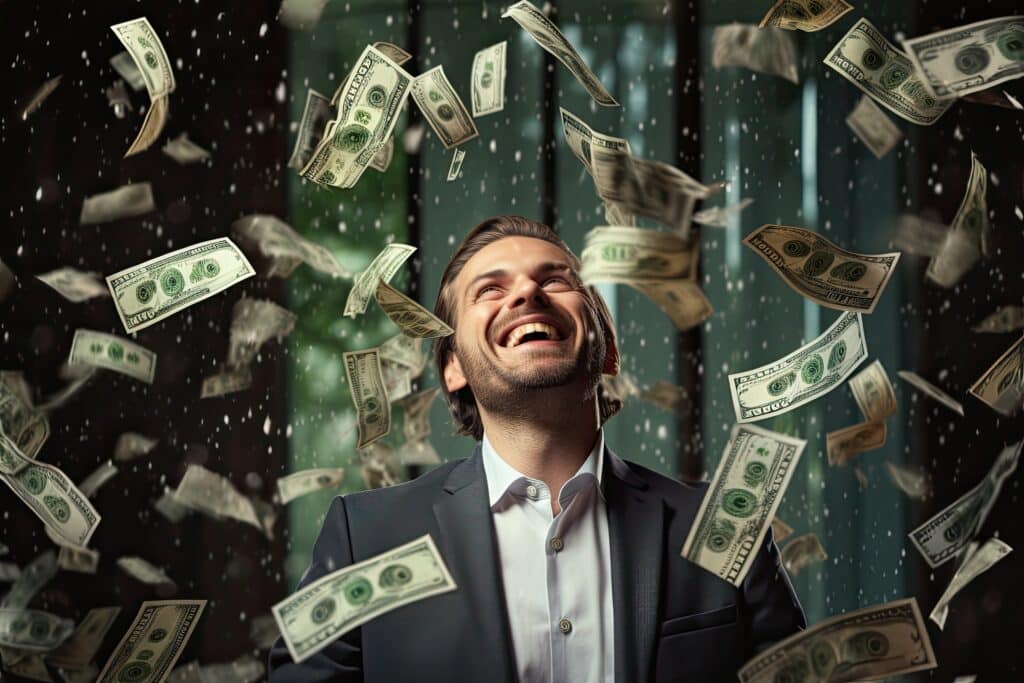 Frontalni pogled na nasmijanog coveka na kog pada kiša novaca