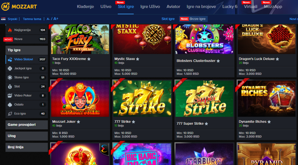 Prikaz slot igara na Mozzart kazino sajtu
