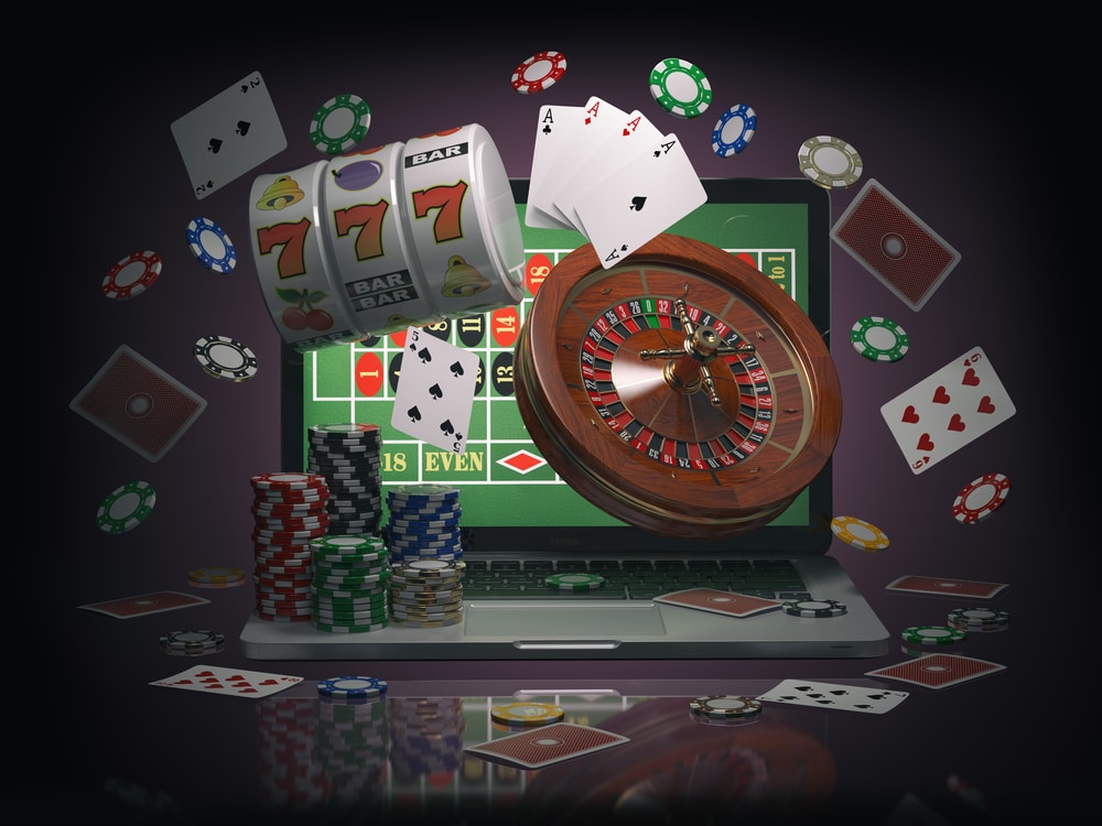 Rekviziti za online kazino, rulet, karte, čipovi, slotovi, lap top