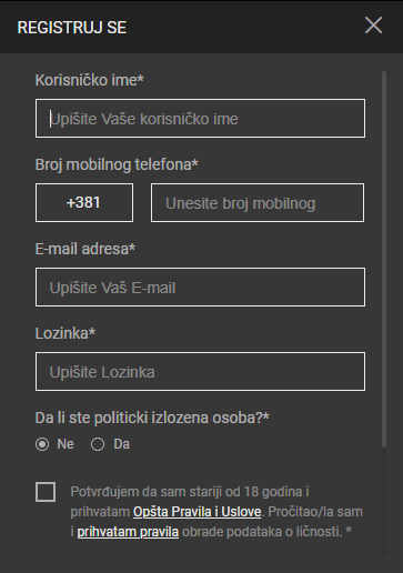 Prozorčić za registraciju na king.rs kazino