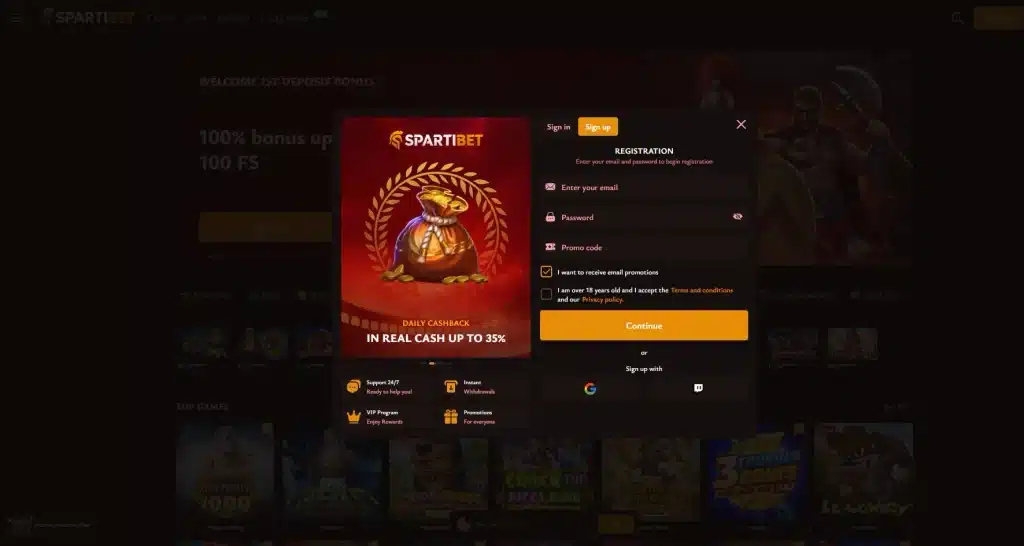 Početni obrazac registracije: podaci za nalog, odvojena marketinška saglasnost i opcije Google i Twitch prijave.